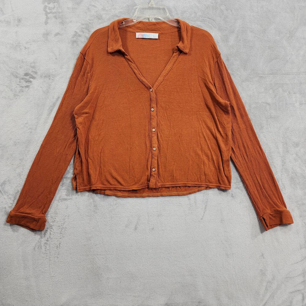 Free People FP Beach Top Women M Orange Myrrh Gia Buttondown Ribbed Knit Slouchy